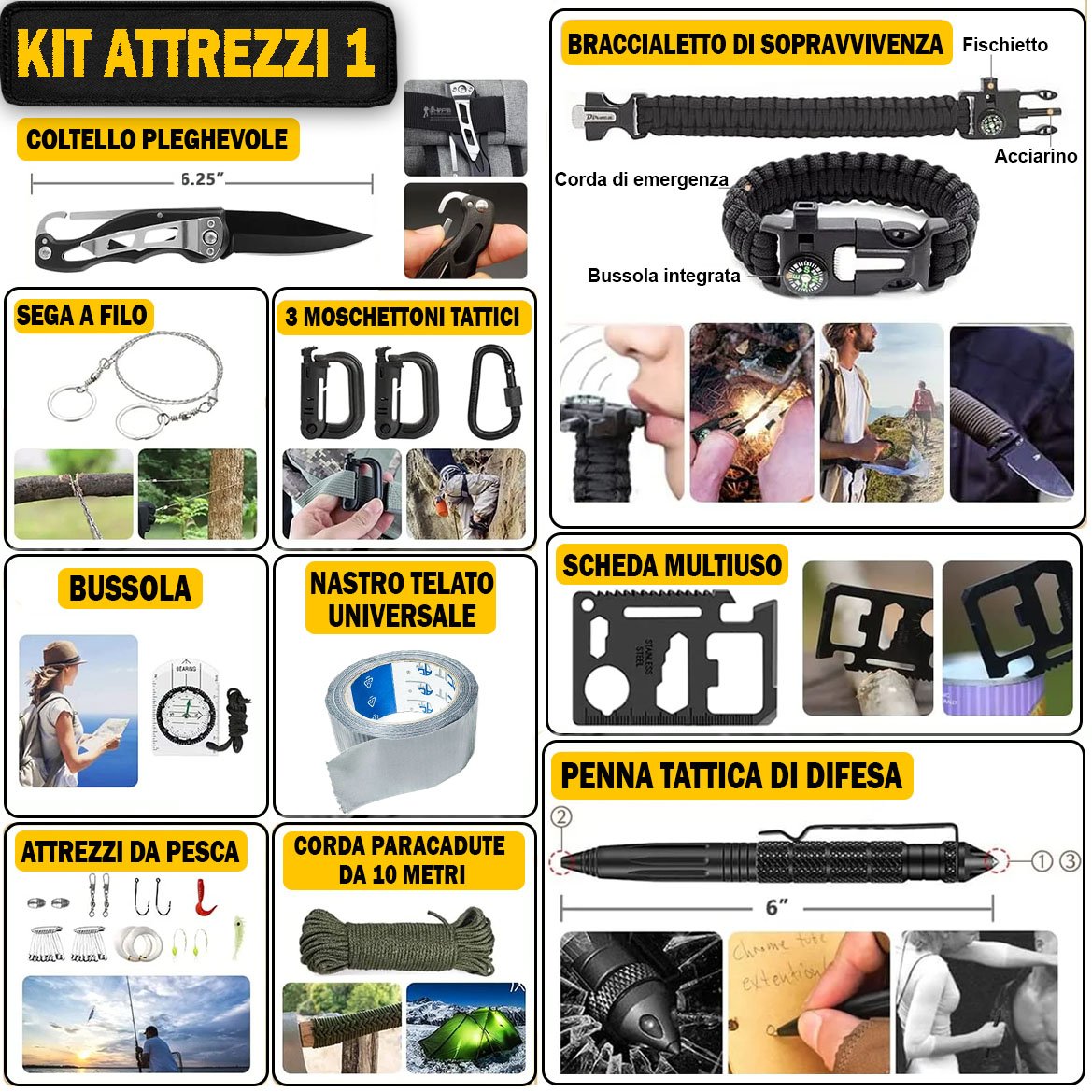 ZAINO EMERGENZA OUTDOOR – Set Sopravvivenza Avanzato Completo con Attrezzi, Pronto Soccorso, Fuoco, Luce Termico – Impermeabile e Multifunzione