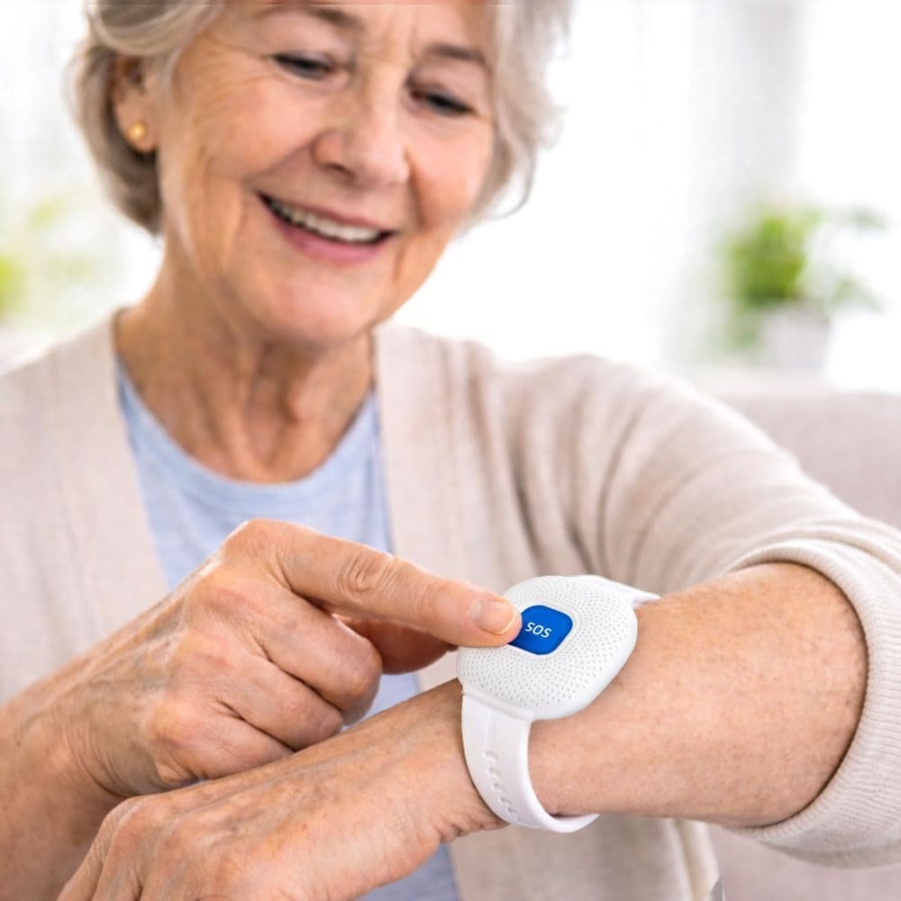 Braccialetto SOS per Anziani Bambini e Donne Incinte - Allarme Personale, Pulsante di Chiamata Emergenza Blu, Collegato al Telefono, Compatibile con APP Tuya e Smart Life. (Bianco)