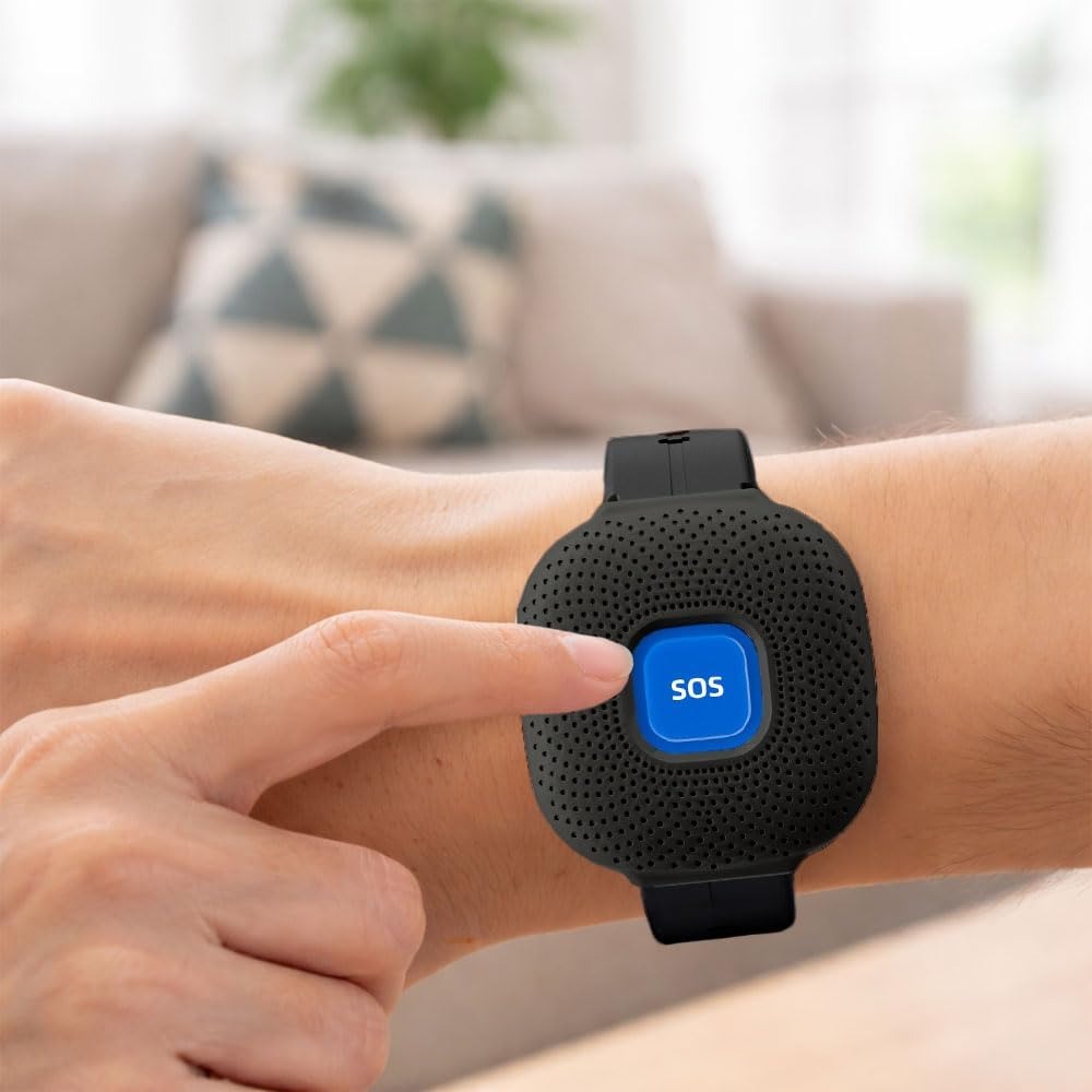 Braccialetto SOS per Anziani Bambini e Donne Incinte - Allarme Personale, Pulsante di Chiamata Emergenza Blu, Collegato al Telefono, Compatibile con APP Tuya e Smart Life. (Nero)