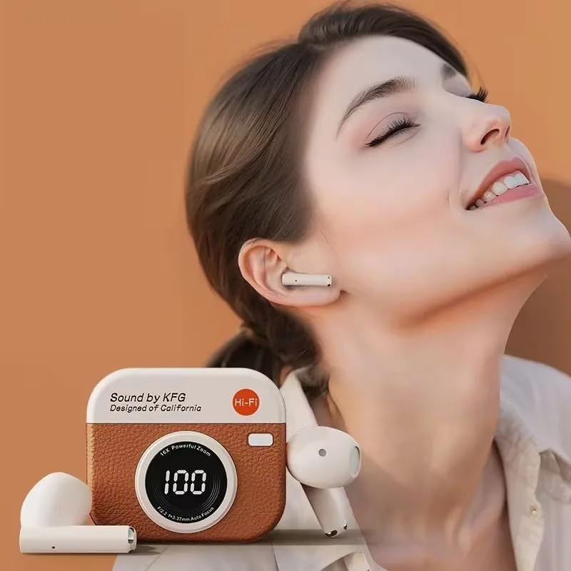 (Q86) Cuffie Retro con Effetto Pelle, Auricolari In-Ear TWS con Riduzione del Rumore e Display LED | Impermeabili IPX5, Connessione Bluetooth 5.4, Ricarica Rapida Tipo-C, Touch Control