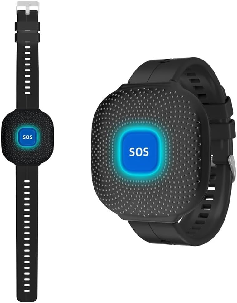 Braccialetto SOS per Anziani Bambini e Donne Incinte - Allarme Personale, Pulsante di Chiamata Emergenza Blu, Collegato al Telefono, Compatibile con APP Tuya e Smart Life. (Nero)