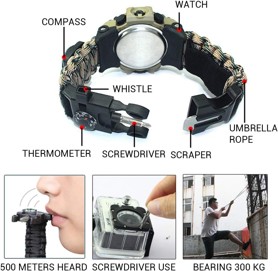 DECATRONIC Braccialetto Tattico Multifunzione 7-in-1 – Orologio Survival Professionale con Bussola, Termometro, Fischietto d'emergenza e Corda da Paracadute 250lb. Strumento essenziale per campeggio, trekking, arrampicata, sopravvivenza e attività outdoor