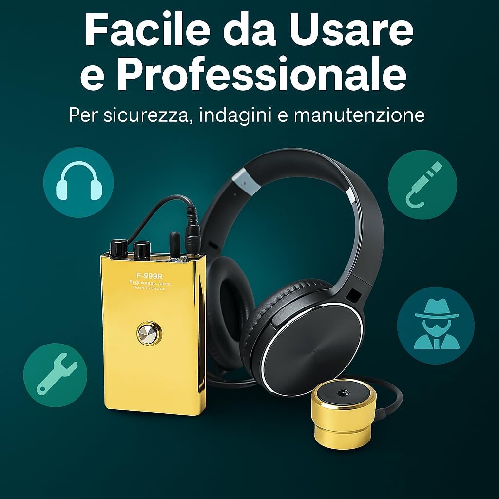 DECATRONIC Microfono da Parete Professionale per Ascoltare Attraverso i Muri - Sistema con Filtri Avanzati, Microfono ad Ago e Uscita Registrazione - Ideale per Casa, Ufficio e Sicurezza (F999R Gold)