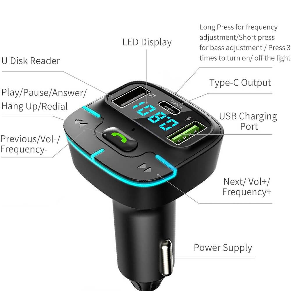 Kit vivavoce auto bluetooth 5.3, caricabatterie Dual USB, Musica TXFM Voltmetro