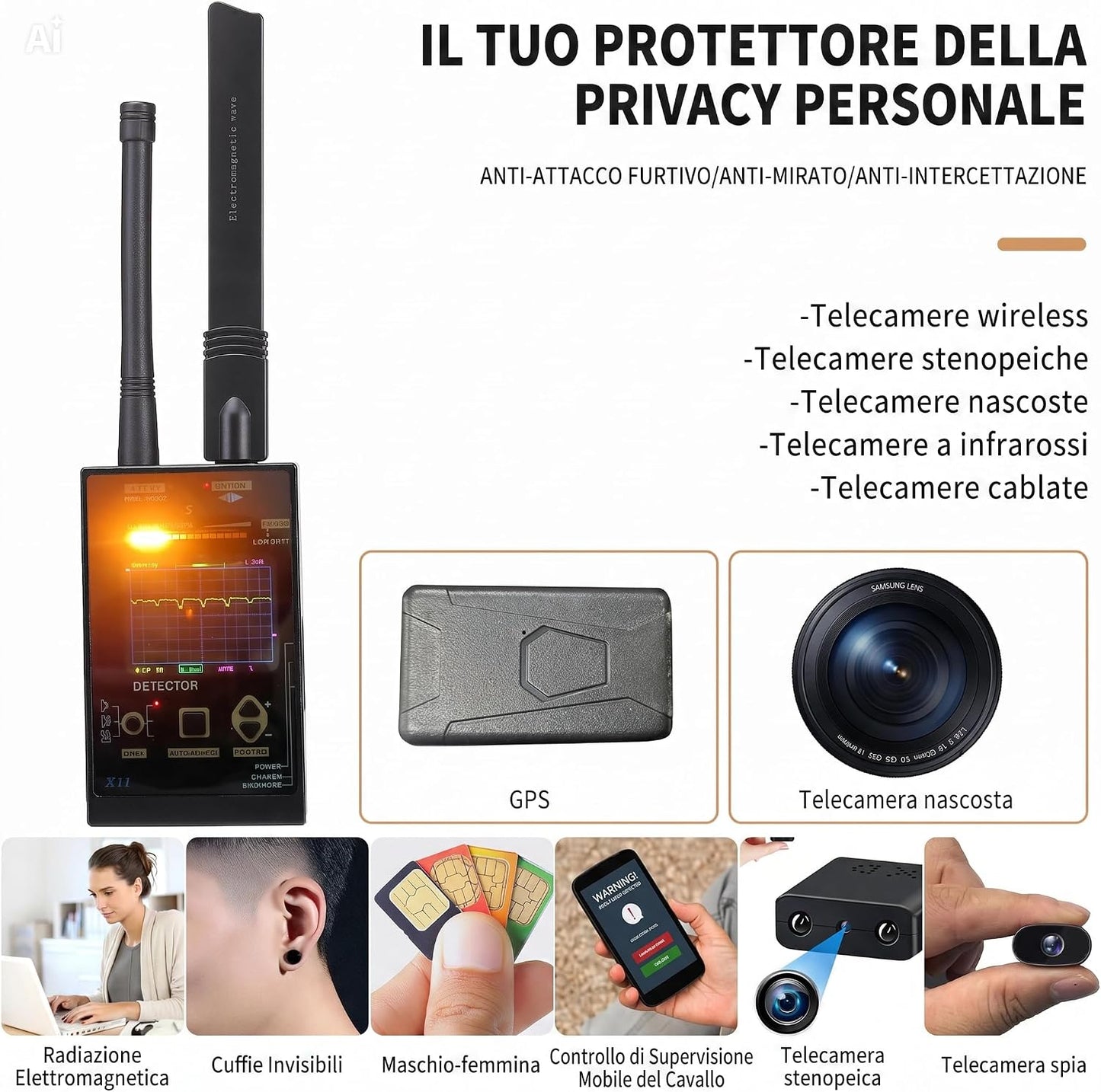 (X11) Rilevatore Microspie 12GHz – Scanner Antispia GPS Telecamere WiFi + Analizzatore Spettro RF Portatile per Bonifica Auto e Ambienti