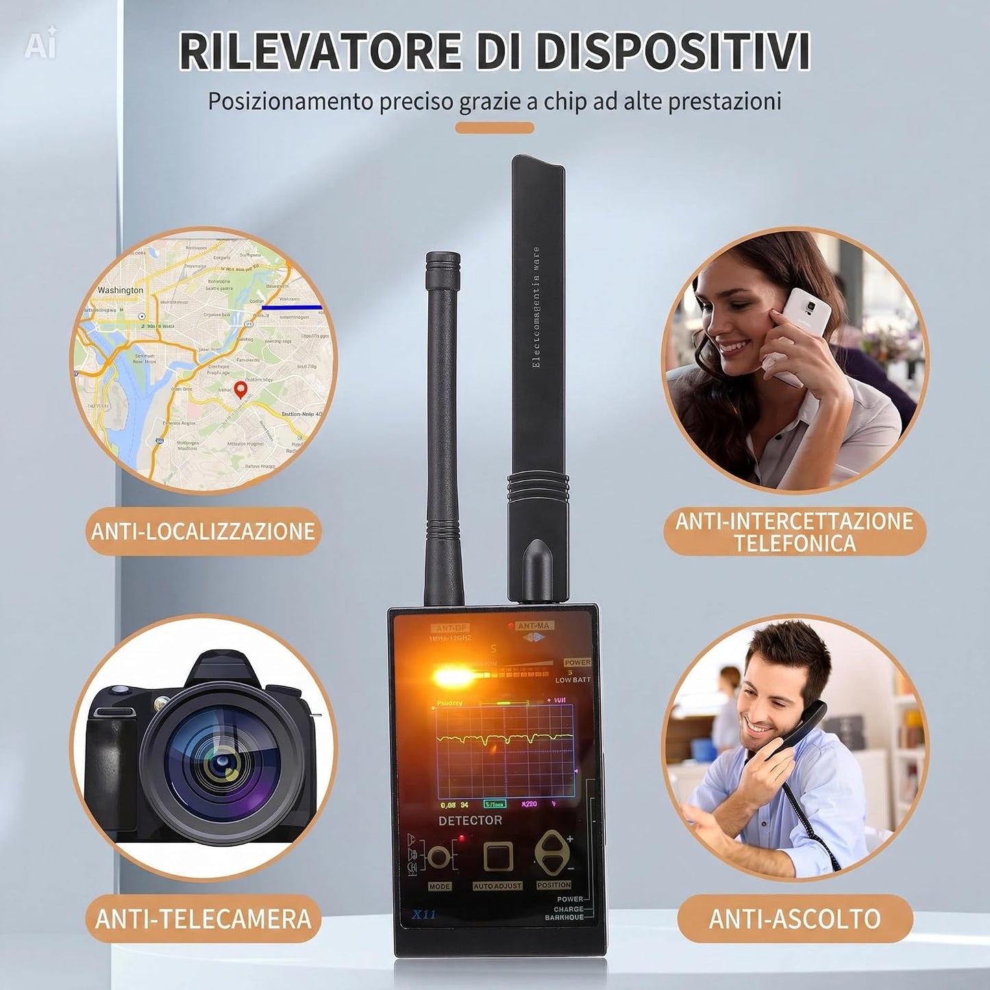 (X11) Rilevatore Microspie 12GHz – Scanner Antispia GPS Telecamere WiFi + Analizzatore Spettro RF Portatile per Bonifica Auto e Ambienti