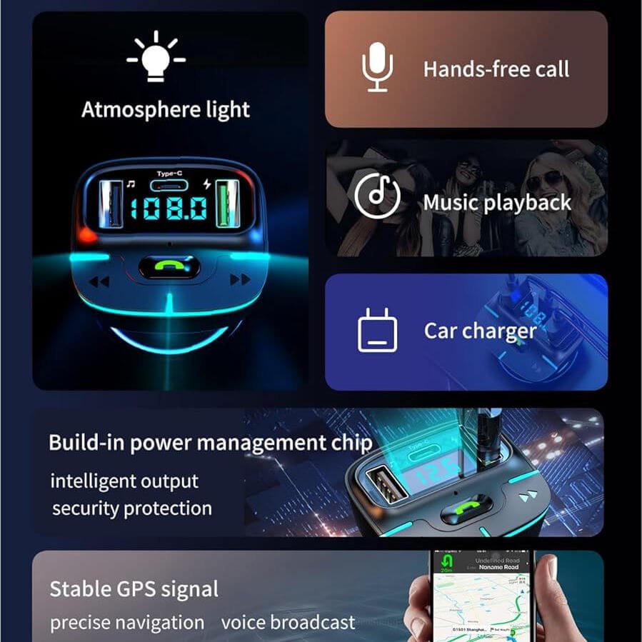 Kit vivavoce auto bluetooth 5.3, caricabatterie Dual USB, Musica TXFM Voltmetro