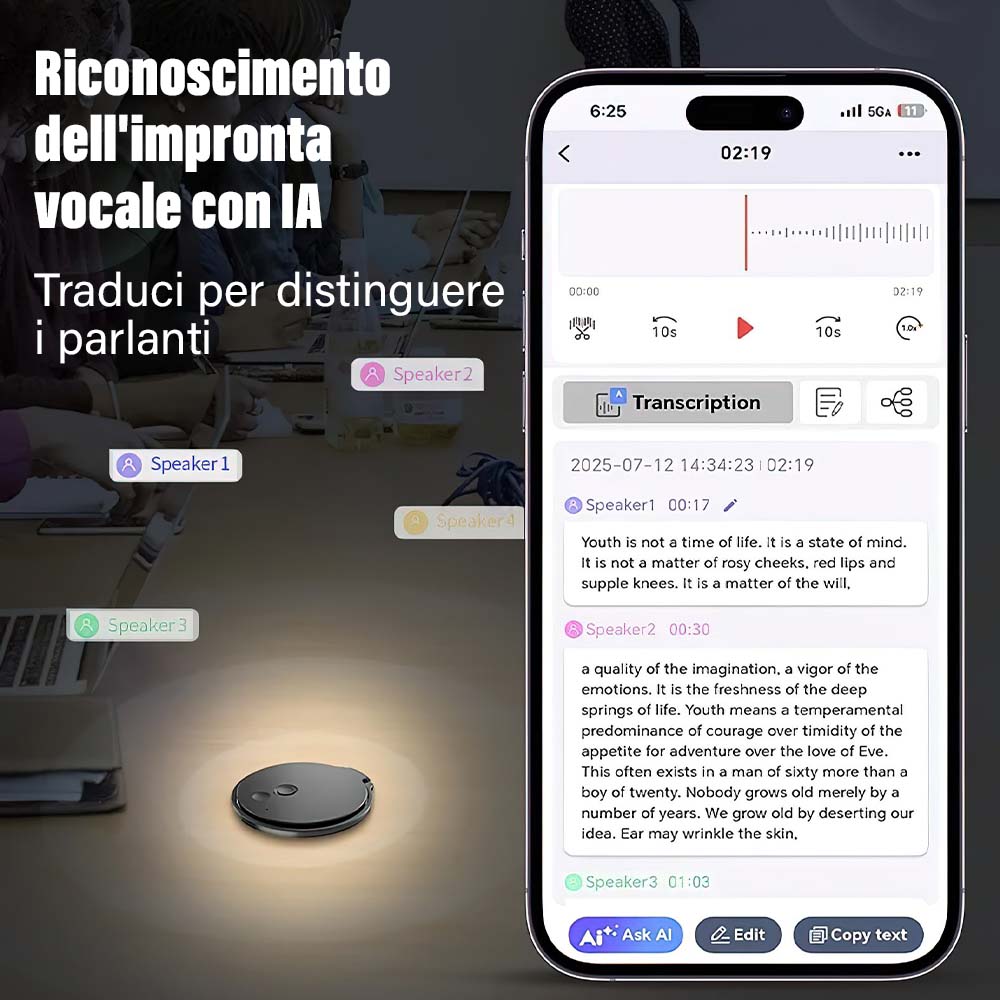 Registratore Vocale Intelligente AI – Traduzione in Tempo Reale, Trascrizione Automatica, Riassunto con GPT, Riconoscimento Parlanti, Registrazione Chiamate (ALIEN A30)