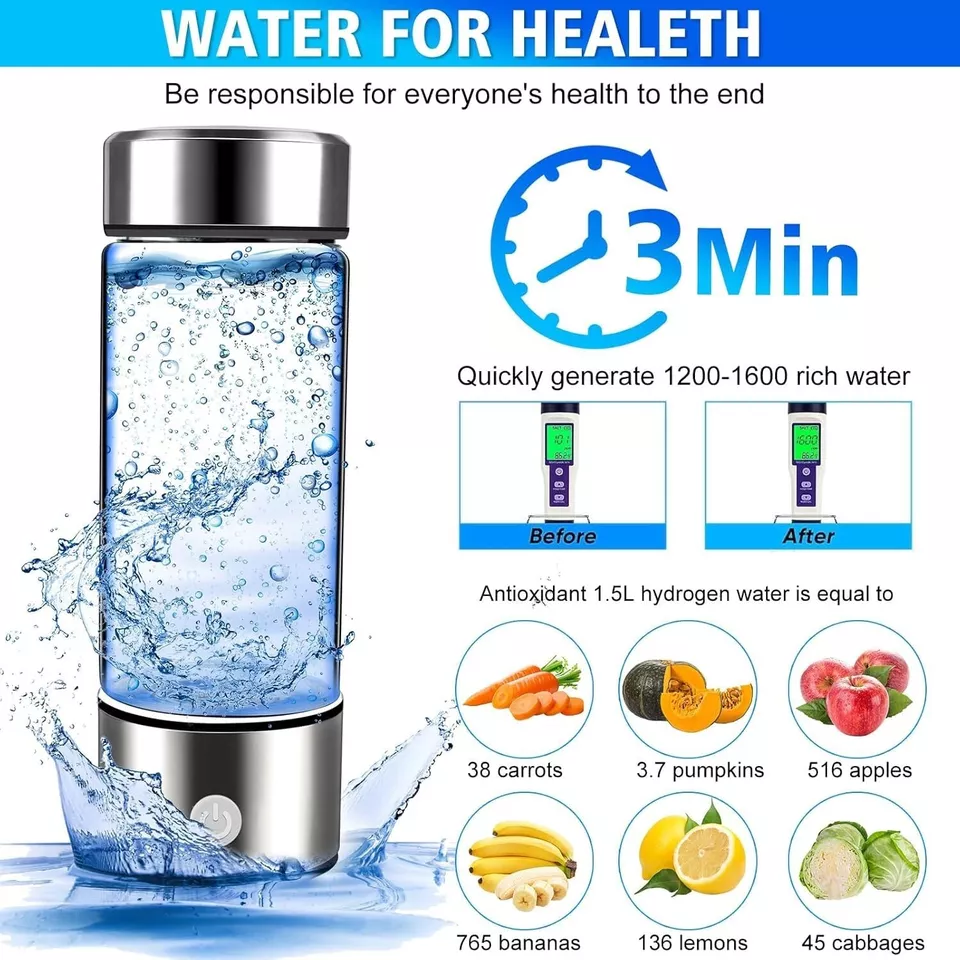 Bottiglia di Idrogeno 420ml – Generatore Acqua Ricca di Idrogeno con Tecnologia SPE/PEM, Antiossidante, 1000-1500 ppb in 3 Minuti, Batteria Ricaricabile, Acciaio Inox 304 e Vetro – Portatile per Casa Ufficio Viaggio