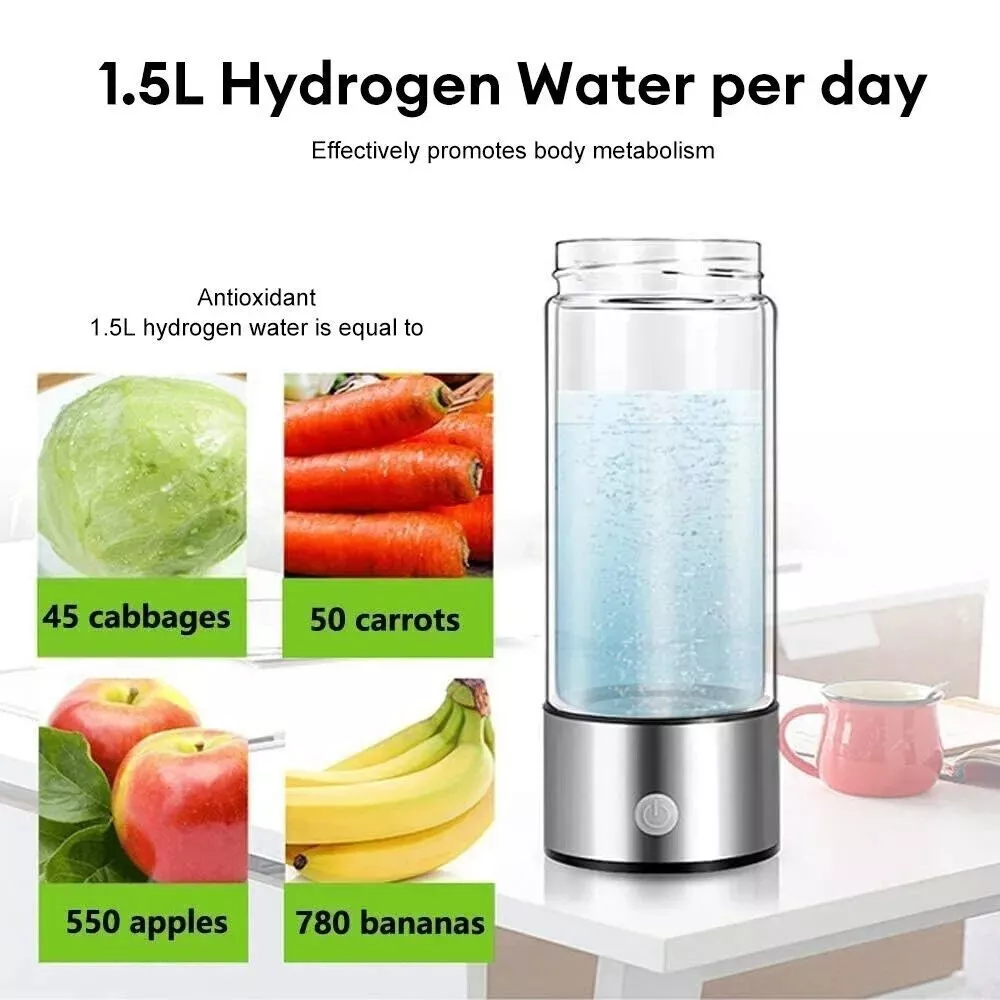 Bottiglia di Idrogeno 420ml – Generatore Acqua Ricca di Idrogeno con Tecnologia SPE/PEM, Antiossidante, 1000-1500 ppb in 3 Minuti, Batteria Ricaricabile, Acciaio Inox 304 e Vetro – Portatile per Casa Ufficio Viaggio