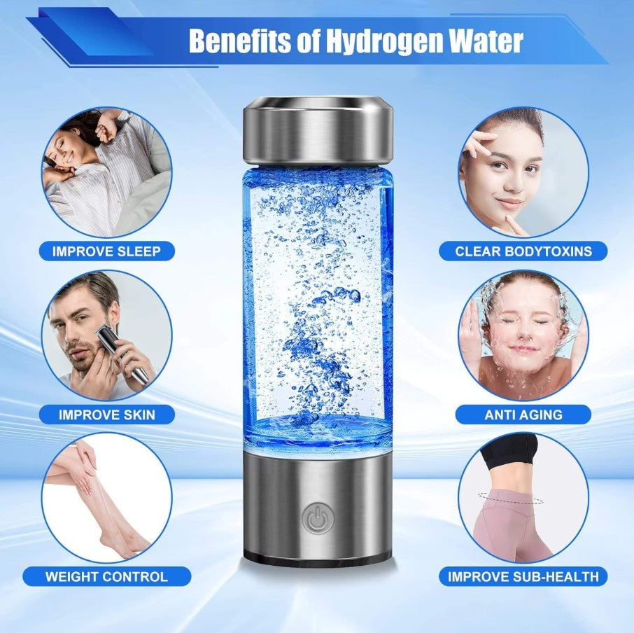 Bottiglia di Idrogeno 420ml – Generatore Acqua Ricca di Idrogeno con Tecnologia SPE/PEM, Antiossidante, 1000-1500 ppb in 3 Minuti, Batteria Ricaricabile, Acciaio Inox 304 e Vetro – Portatile per Casa Ufficio Viaggio