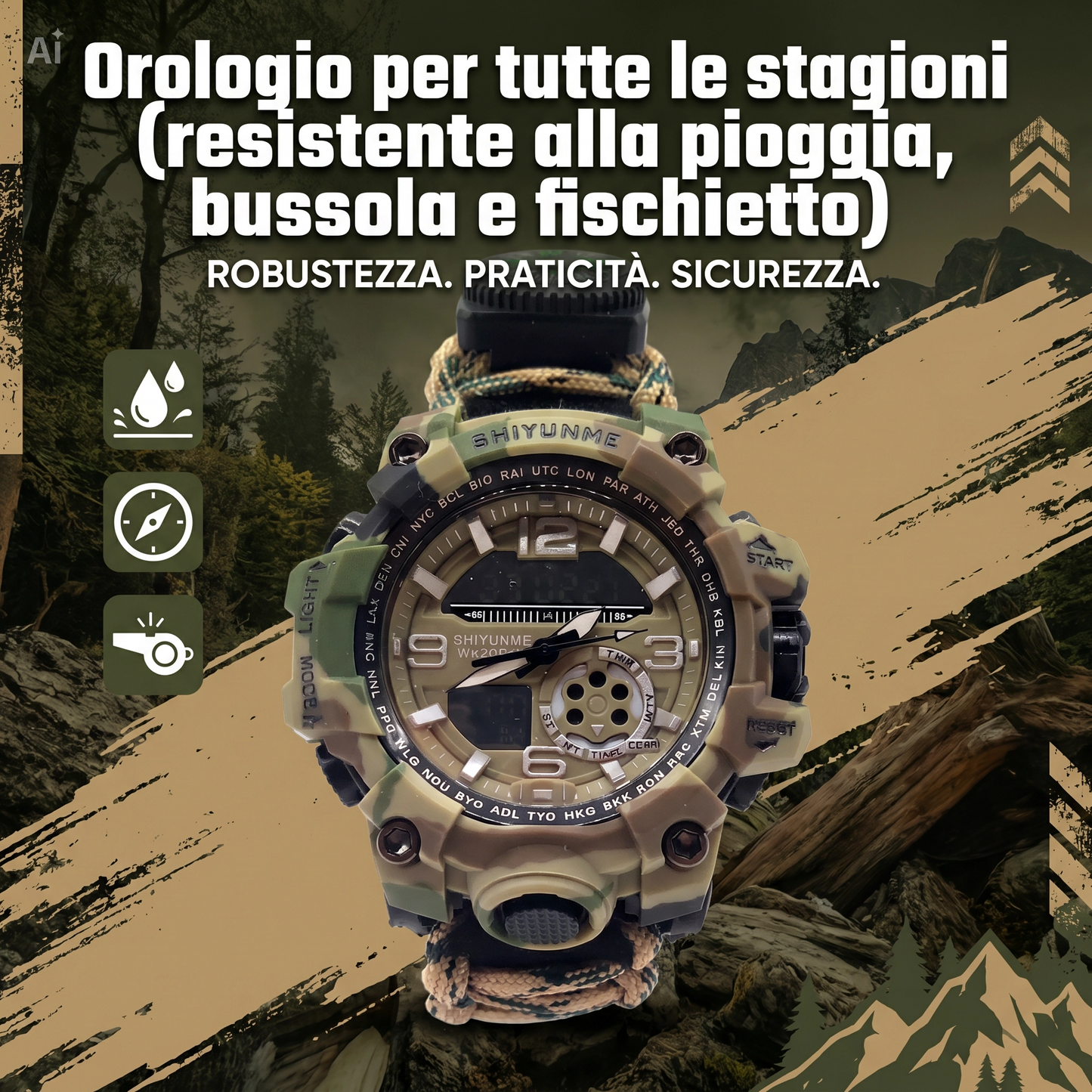 DECATRONIC Braccialetto Tattico Multifunzione 7-in-1 – Orologio Survival Professionale con Bussola, Termometro, Fischietto d'emergenza e Corda da Paracadute 250lb. Strumento essenziale per campeggio, trekking, arrampicata, sopravvivenza e attività outdoor