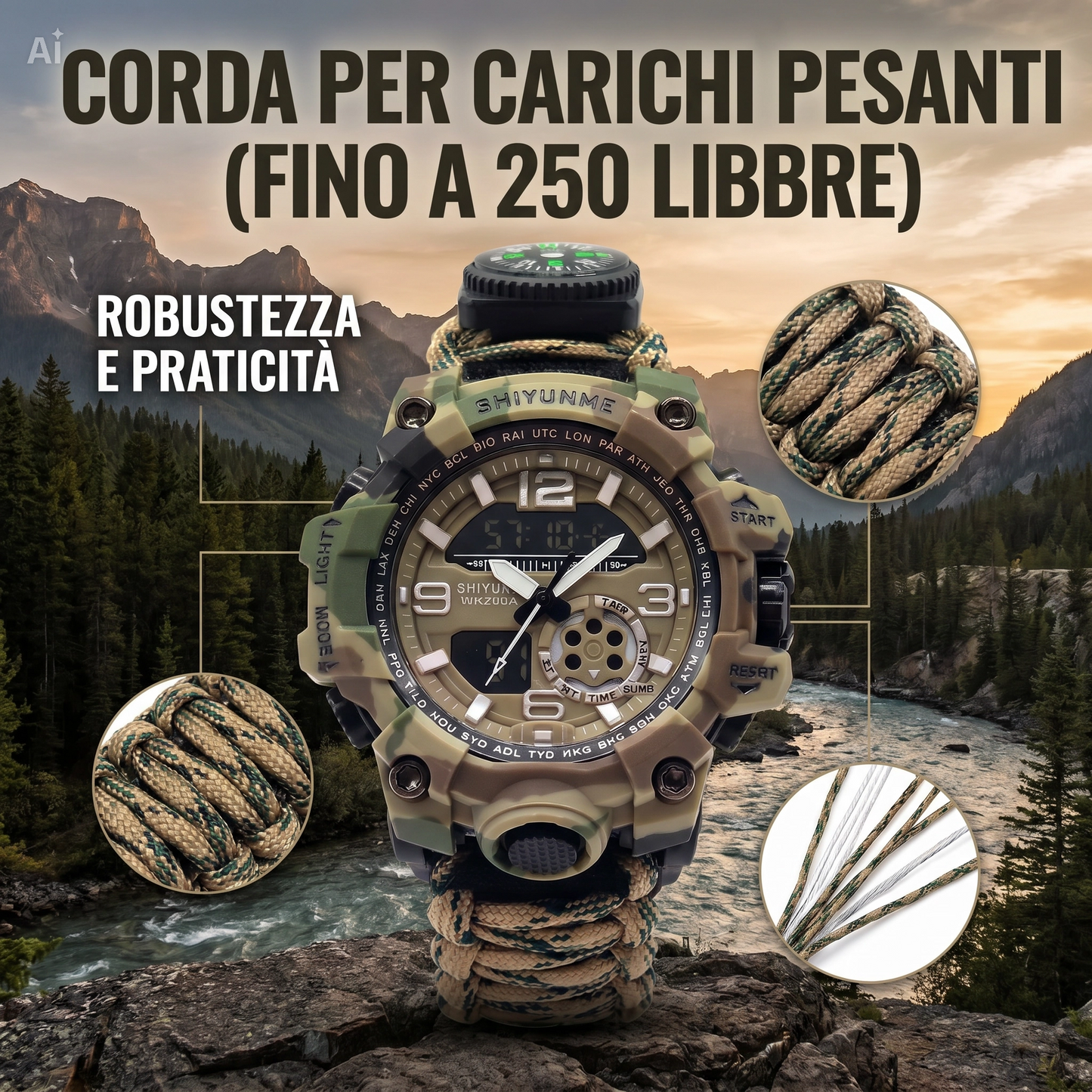 DECATRONIC Braccialetto Tattico Multifunzione 7-in-1 – Orologio Survival Professionale con Bussola, Termometro, Fischietto d'emergenza e Corda da Paracadute 250lb. Strumento essenziale per campeggio, trekking, arrampicata, sopravvivenza e attività outdoor
