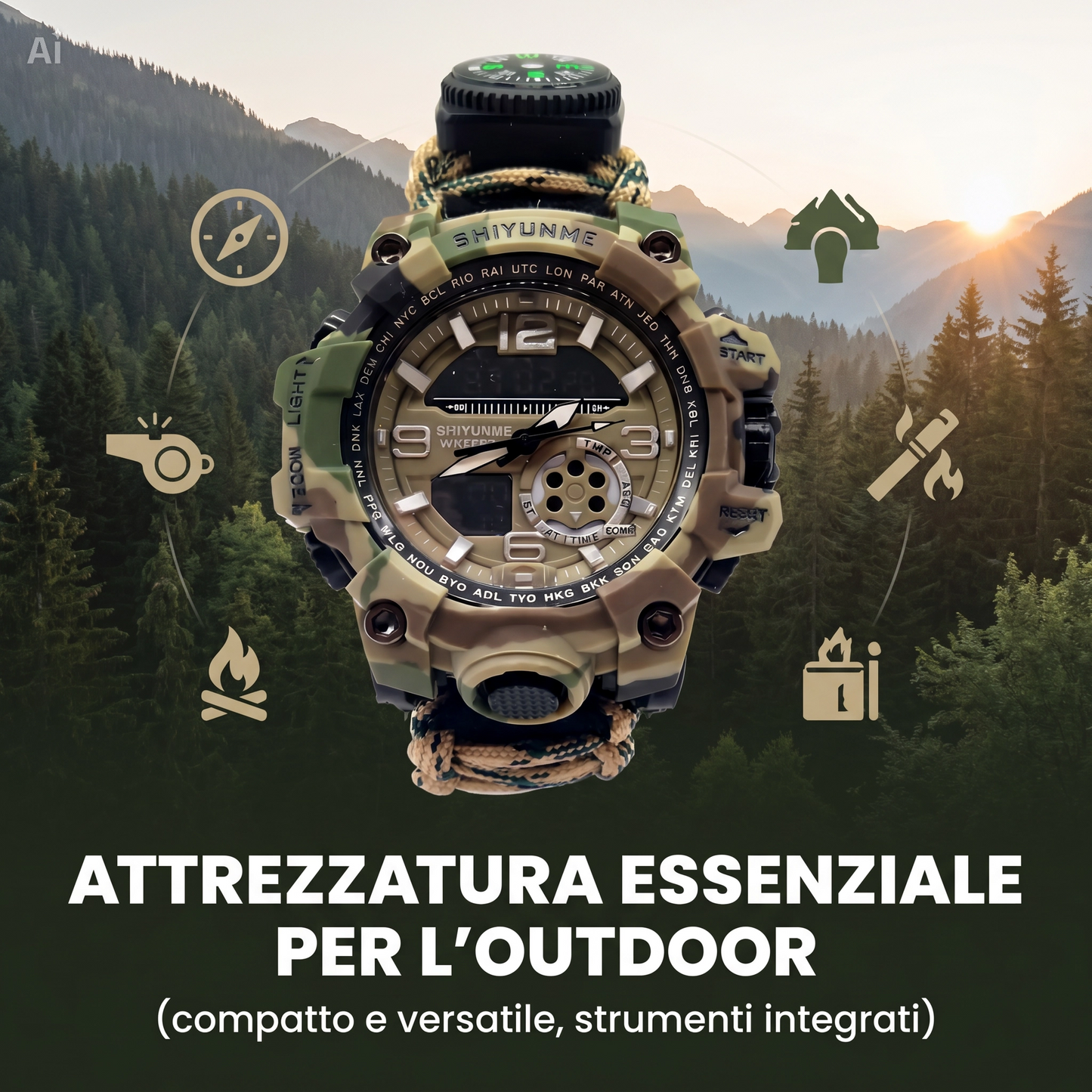 DECATRONIC Braccialetto Tattico Multifunzione 7-in-1 – Orologio Survival Professionale con Bussola, Termometro, Fischietto d'emergenza e Corda da Paracadute 250lb. Strumento essenziale per campeggio, trekking, arrampicata, sopravvivenza e attività outdoor