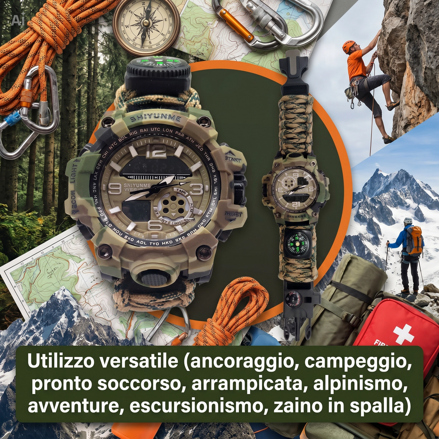 DECATRONIC Braccialetto Tattico Multifunzione 7-in-1 – Orologio Survival Professionale con Bussola, Termometro, Fischietto d'emergenza e Corda da Paracadute 250lb. Strumento essenziale per campeggio, trekking, arrampicata, sopravvivenza e attività outdoor