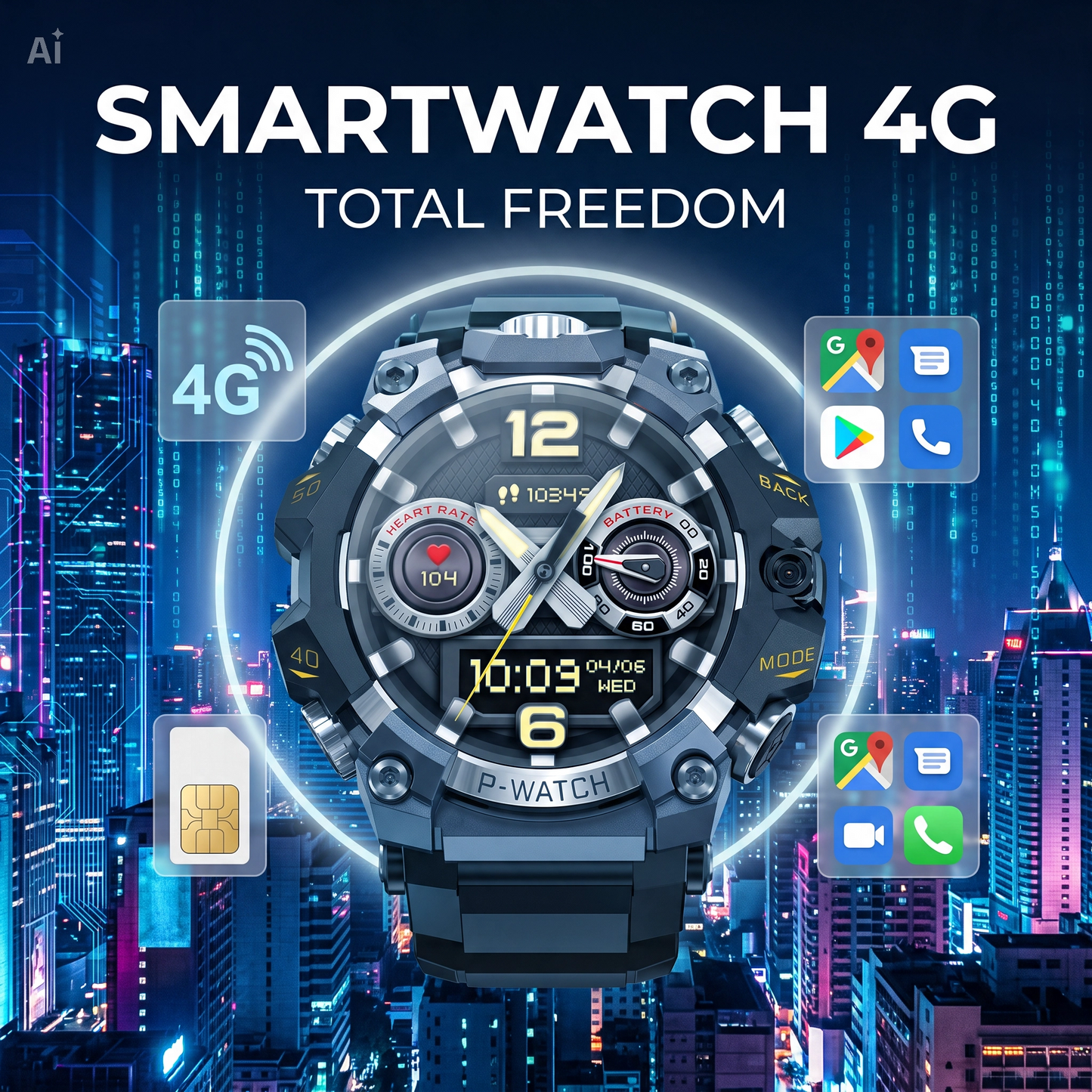 (T-Rex Q668PRO) Smartwatch 4G Android 10.0 con GPS e Videochiamate – Display AMOLED 1.95" 4GB+32GB, Doppia Fotocamera 8MP, Bussola, Altimetro, Monitor Cardio/Pressione/Sonno/SpO2, Supporto SIM