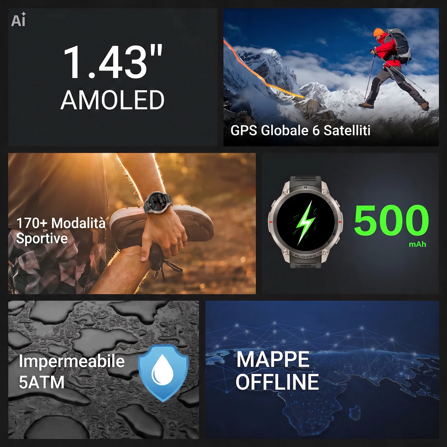 MD59 SmartWatch GPS AMOLED 1.43" Impermeabile 50M–Mappe Offline e Monitor Salute