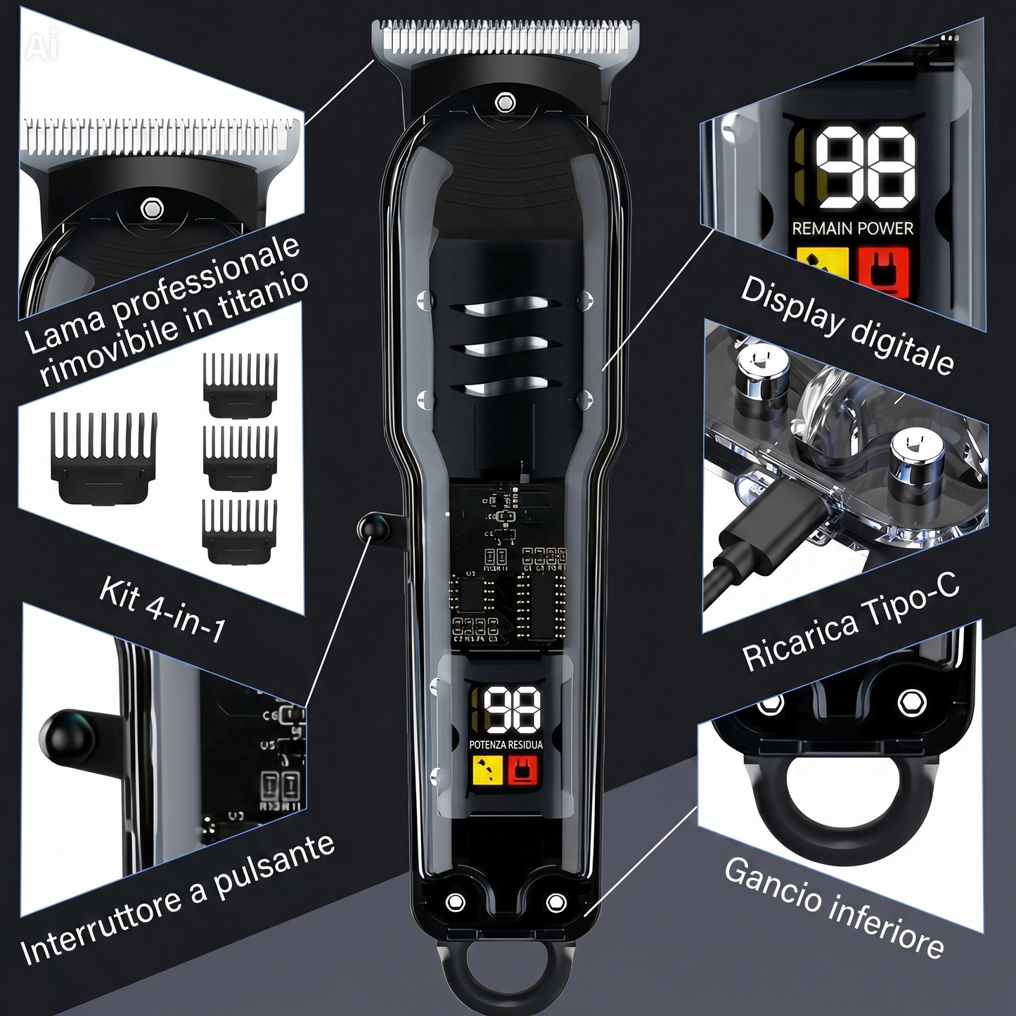 (HLS-T08) Regolabarba Elettrico Ricaricabile con Display LCD – Tagliacapelli Senza Fili con Lama in Acciaio Inossidabile, Pettine Regolabile (0-4mm), Testina a T, Batteria 51-90 minuti, Ricarica Rapida USB – Per Uomo e Uso Domestico